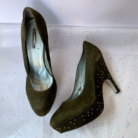H by Halston Olive Green Suede Studded Platform Wedge Heels - Size 10 5